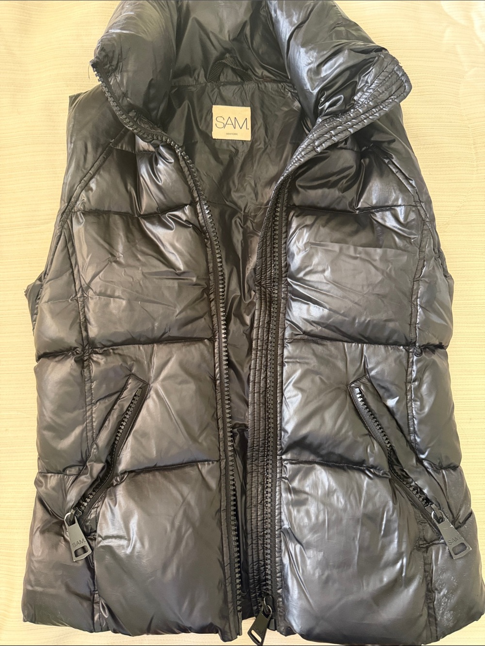 SAM. Shiny Black Quilted Hooded Puffer Vest